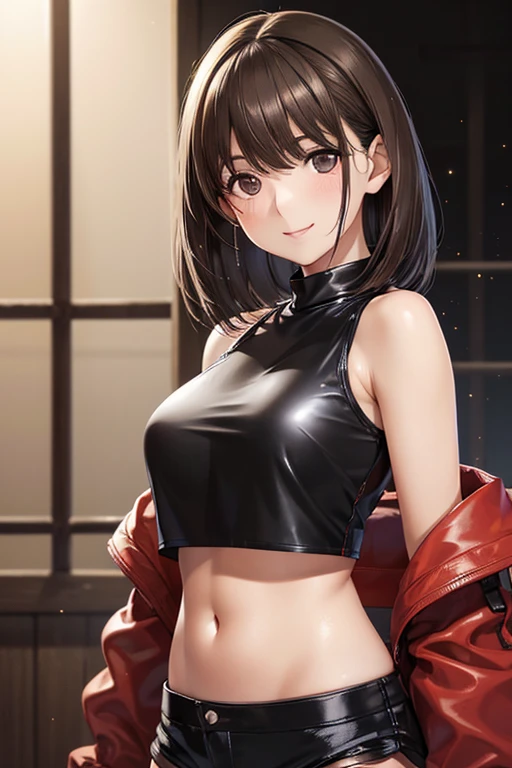 anegasaki nene、Shiny brown hair, short hair, (Beautiful brown eyes、Sparkling eyes, Fine grain)、smile、Ultra-detailed eyes、非常にDetailed face, Highly detailed eyes,Cowboy Shot、



(masterpiece:1.2, Highest quality),(Realistic, photoRealistic:1.4),1 female,
There are people,super high quality,Photorealistic,(((Red cropped long sleeve jacket、BREAK Black leather tank top, Black leather shorts)))、,
Ultra HD,Digital SLR,Anatomical basis,Detailed Description,smile,Detailed face,