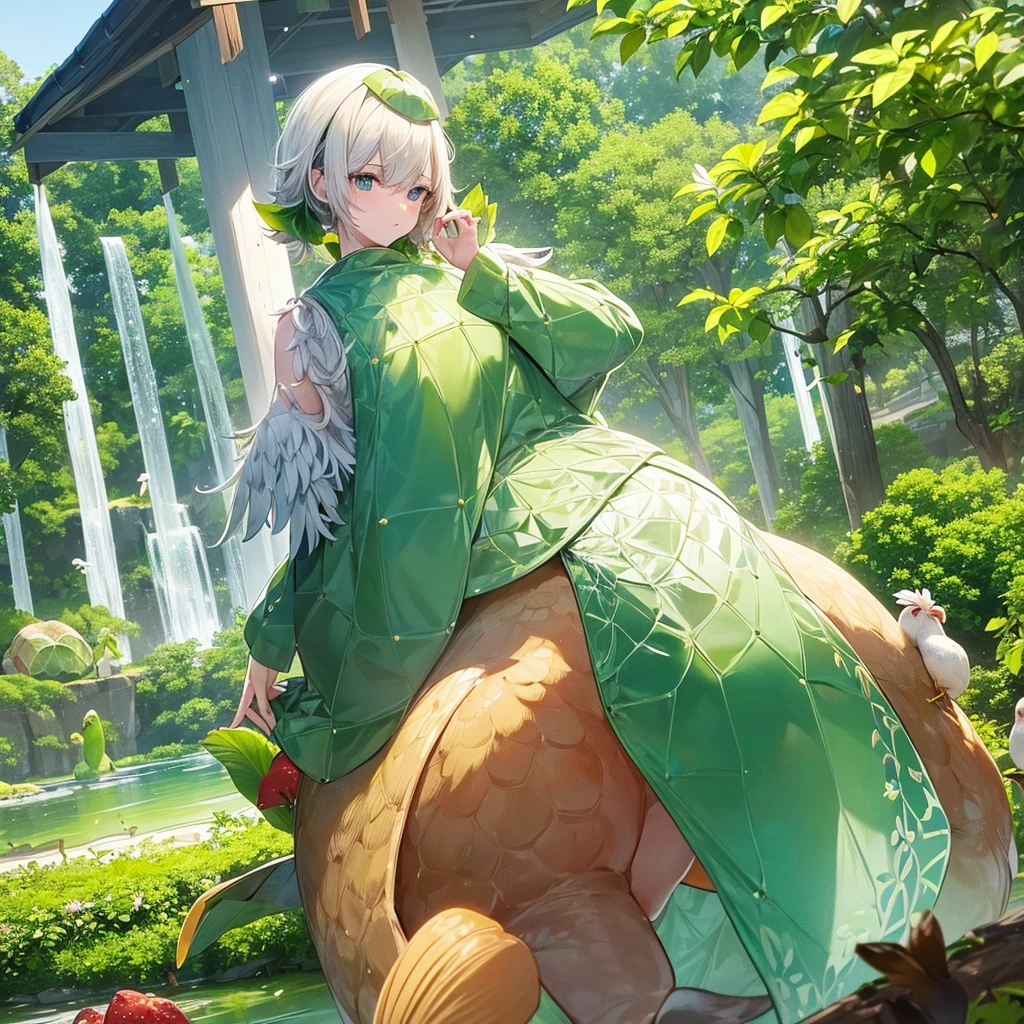 In big clean pond green turtle ( whose colour are green ) and two white chicken( who have red beak ) are stand near the pond, two chicken stand near the pond and also tortoise ( who have green color) 🐢 stand near the chickens