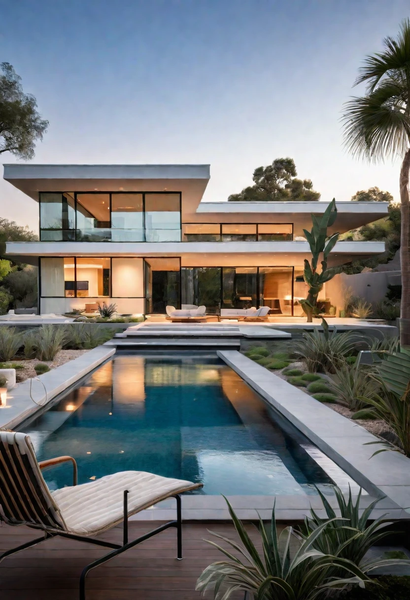 Raw photo, Masterpiece, high quality, best quality, authentic, super detail, outdoors, view of a modern home with a pool and lounge chairs, award-winning masterpiece, ultra modern, well-designed masterpiece, contemporary masterpiece, award winning modern design, contest winning masterpiece, sleek utopian design, large modern residence, modern design, Minimalist style, bloom, depth of field, high details, 8k, ((natural light:1.2)), ((sunny)), more warm lighting from interior