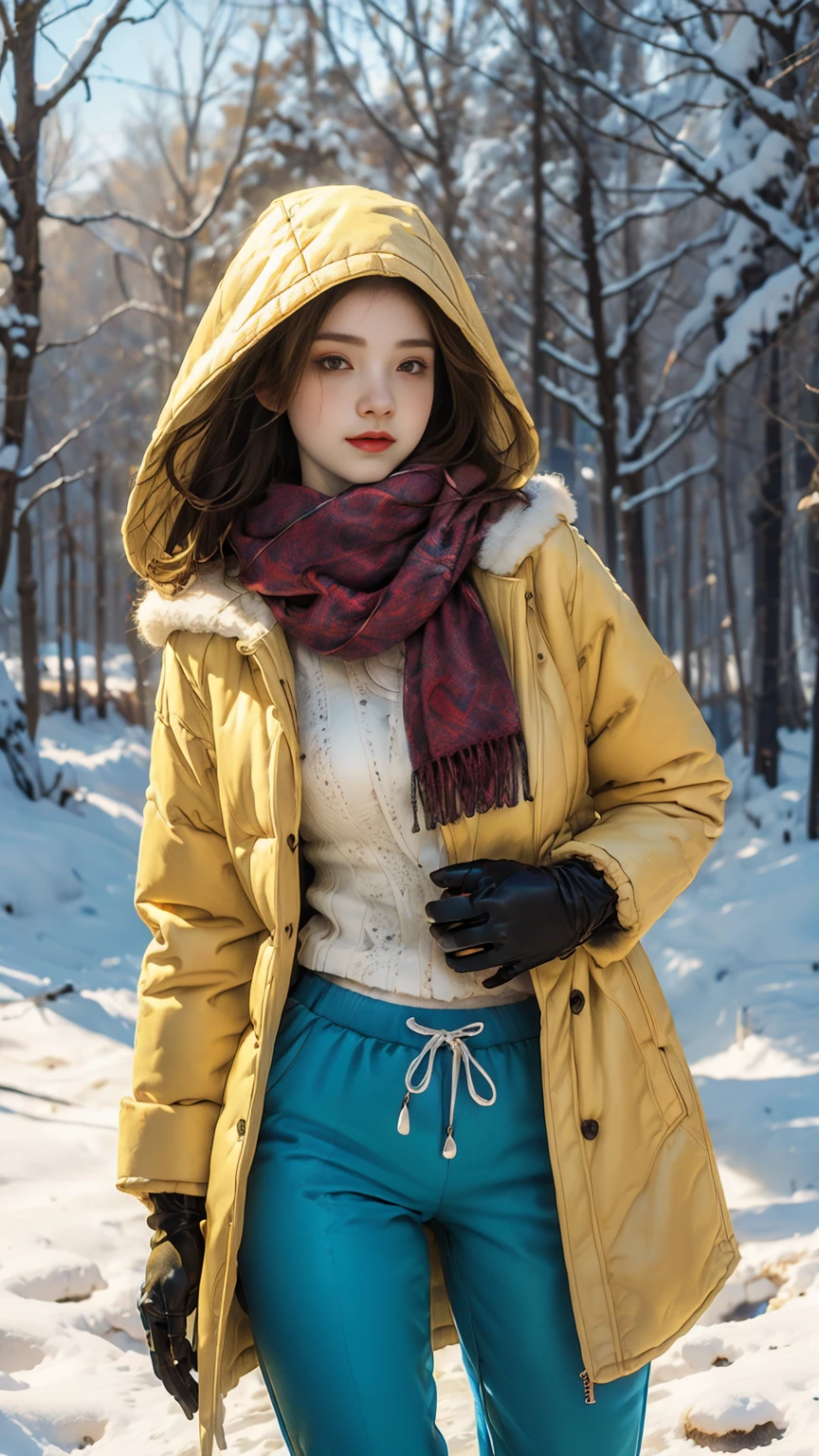 great general plan, FULL BODY walking in the snow:1.4,hyper detailed, skin texture:1.4 (masterpiece:1), (Best Quality:1), (1 girls, pose sexy, extra size, (((ultra realistic face))), splendid smile, , by white, Look seductively, beautiful face, totally beautiful girl , sexy, ((winter clothes, warm pants body covered and warm, hooded fox fur winter coat scarf, winter gloves bright colors, yellow, red, blue:1.5)), cold snow, in a circle, (Eternal:1.1), (winter nature:1.25), (cosmos:1.5), White theme, high detailed, fractal background, ((snow covering the girl&#39;s legs)), too much snow, HD,8k.