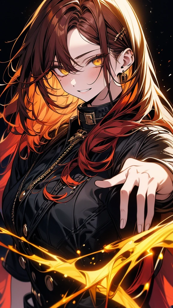 (Top resolution、Distinct_image)top-quality、(A girl) 、masterpiece、highly detailed, half body, Semi-realistic、 ( yellow eyes ) 、18year old,
( dark red hair ),(yellow inside) ,young , (orange inside), Facial features ,variation potrait, long hair , teenage, cool , cold sharp eyes, , {Very detailed 8k CG unit wallpaper}, students, ,music club background, Handsome,cool musician , punk rock