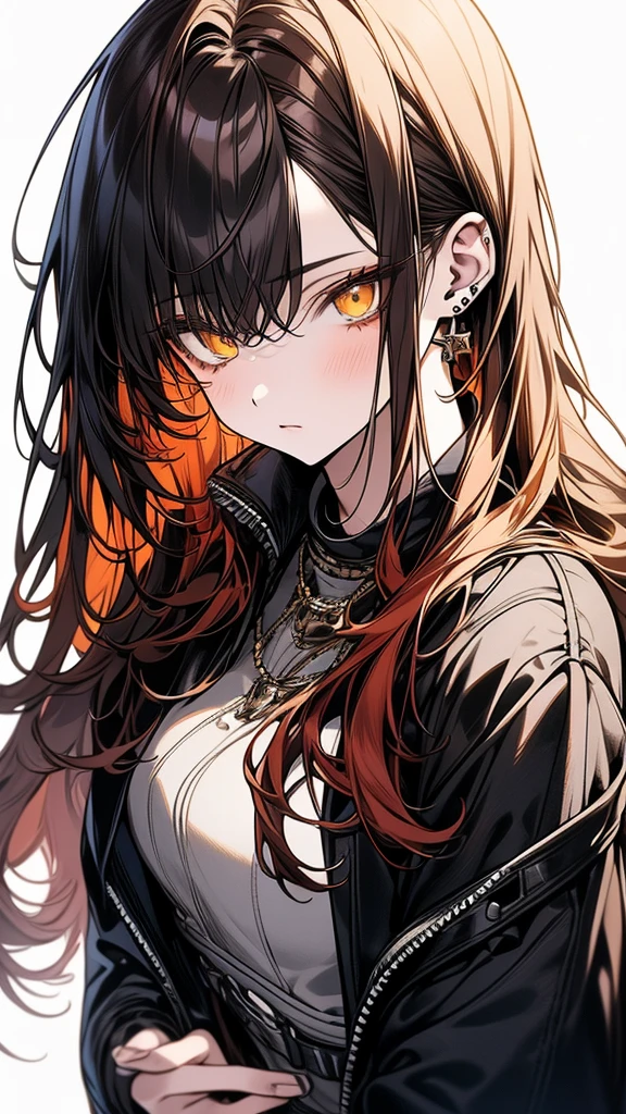 (Top resolution、Distinct_image)top-quality、(A girl) 、​masterpiece、highly detailed, half body, Semi-realistic、 ( yellow eyes ) 、18year old,
 ( dark red hair ),(yellow inside) ,young , (orange inside), Facial features ,variation potrait, long  hair  , teenage, cool , cold sharp eyes, , {Very detailed 8k CG unit wallpaper}, students,  ,music club background, Handsome,cool musician , punk rock 