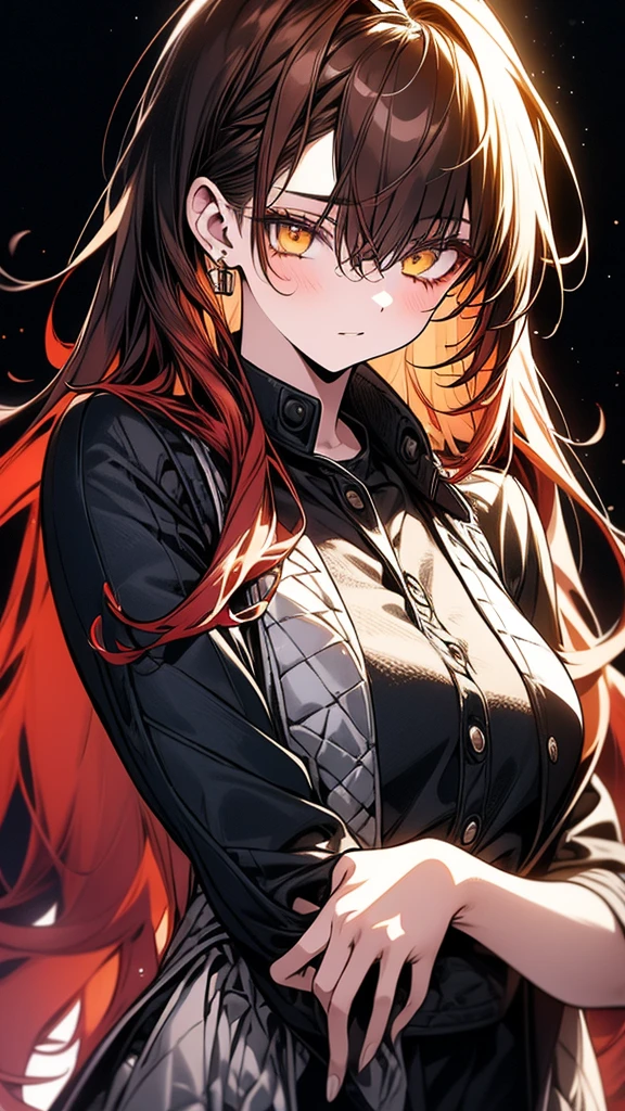(Top resolution、Distinct_image)top-quality、(A girl) 、masterpiece、highly detailed, half body, Semi-realistic、 ( yellow eyes ) 、18year old,
( dark red hair ),(yellow inside) ,young , (orange inside), Facial features ,variation potrait, long hair , teenage, cool , cold sharp eyes, , {Very detailed 8k CG unit wallpaper}, students, ,music club background, Handsome,cool musician , punk rock