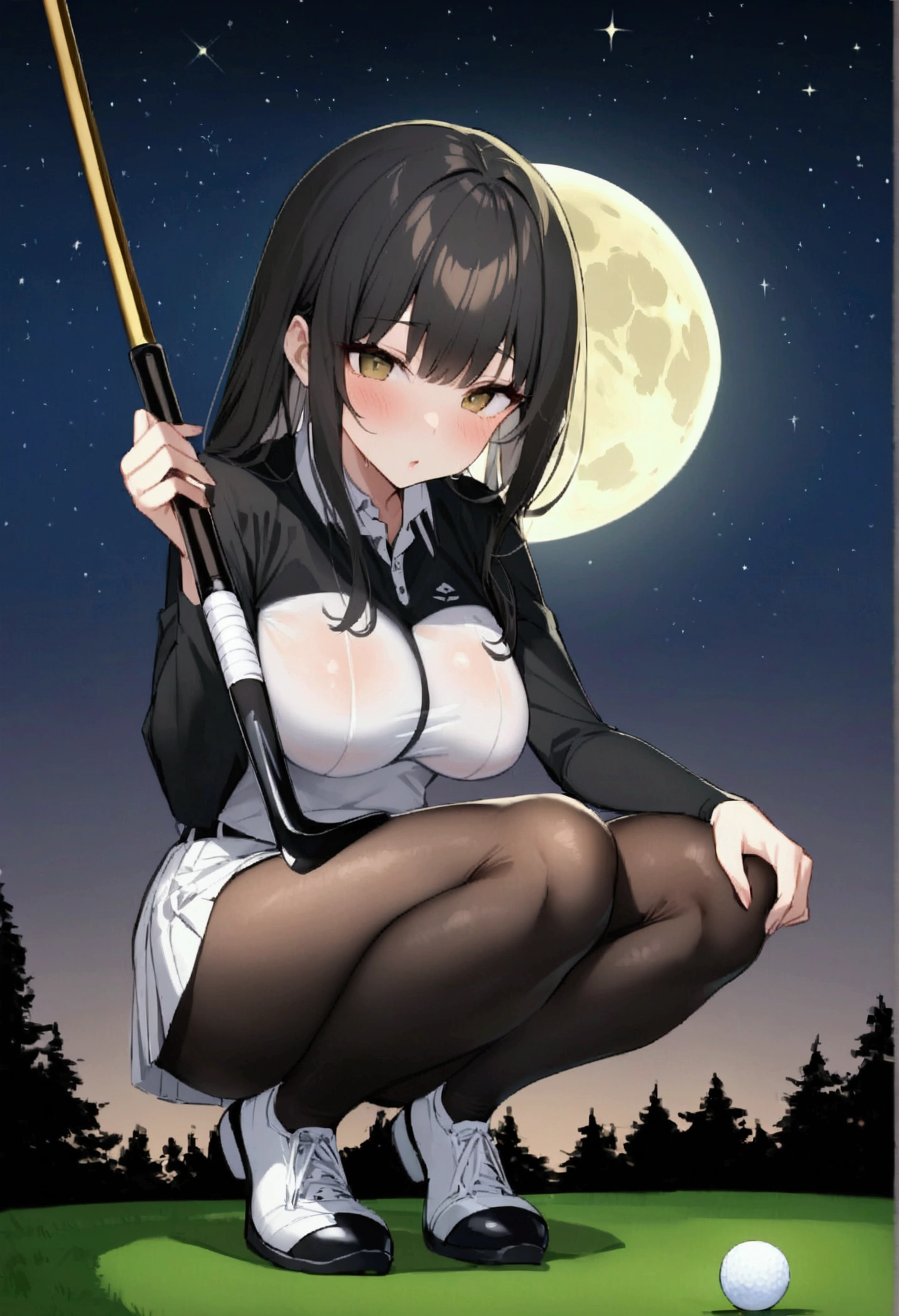 1 female、woman with very long black hair、Busty women、Large areola、Spectacular views、Night Scene、The view from the top of the hill、Full moon night sky、swirling starry sky、８K、Best Quality、The woman&#39;s whole body is in the photo、The woman is wearing a miniskirt and her crotch is visible.、Open neckline golf wear、Pink thong showing through、With a golf club、Sitting squatting、Floral embroidered bra