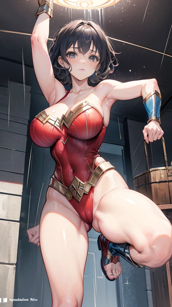 18 year old girl, wonder woman costume, Short and curly hair, by rubio, beautiful face, rain, ceiling, masterpiece, exquisite details, perfect anatomy, fighting stance, huge tits , camel toe, tight-fitting clothing
