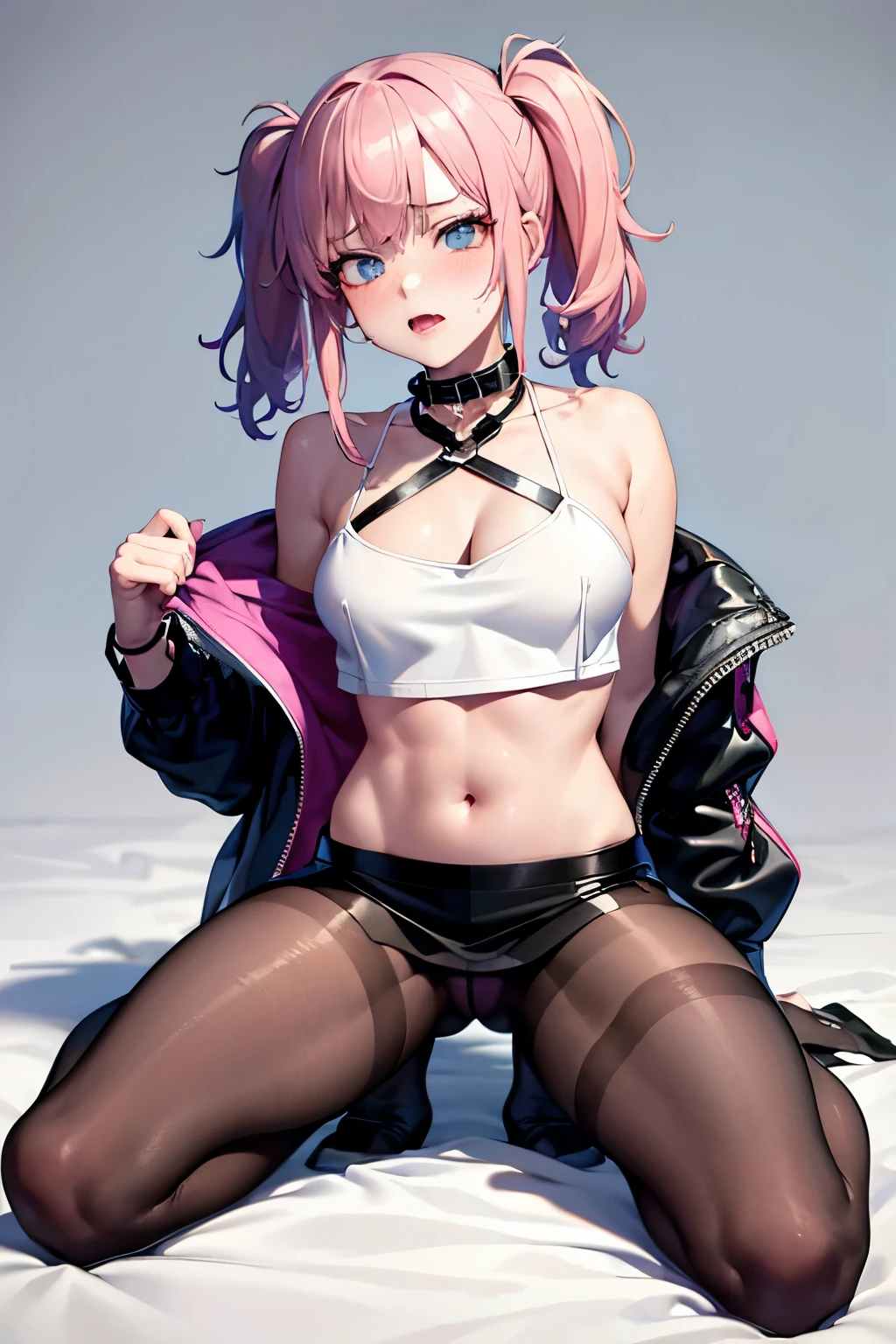 (Highest quality:1.1), (masterpiece:1.4), (Absurd:1.0),
One Girl, navel, ,open clothes, shorts, midriff,collar, bracelet, open jacket, black jacket, crop top, torn clothes,chain,cropped jacket, spiked collar, Medium chest、Looking at the audience、Bedroom、(blush:1.2)、Embarrassed expression、(((pantyhossit、(Kneeling)、((Micro Mini Skirt))、boots