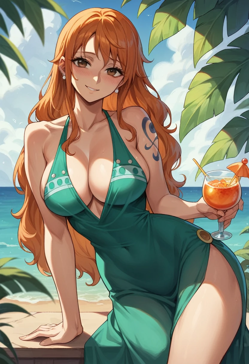 Cocktail dress, body fit see through,curvy athletic body, nami, orange long hair, brown eyes, looking at viewer, shy, smiling, molhadinha, seios amostra,