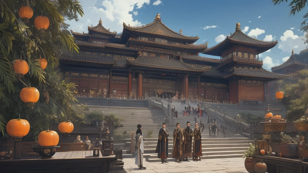 best quality, masterpiece, realistic, The Chinese Emperor stands with his back to the audience, facing a magnificent palace with the elegant architectural style of imperial China. Below are mandarins dressed in hanfu, lined up on both sides. The architectural details of the palace must convey a sense of antiquity and grandeur, with curved roofs and intricate layers