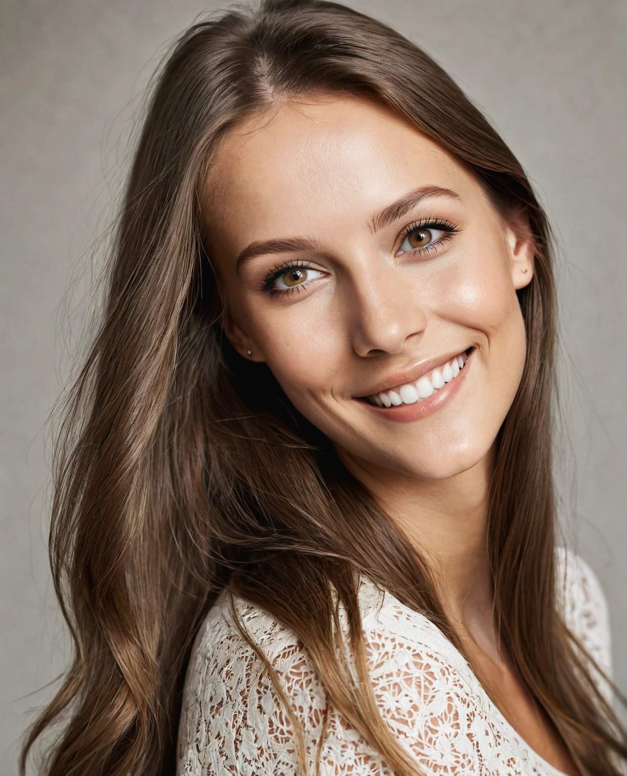 Beautiful woman from sweden, realistic eyes, realistic face, slim face, long brown hair, 20 years old, model, smiling