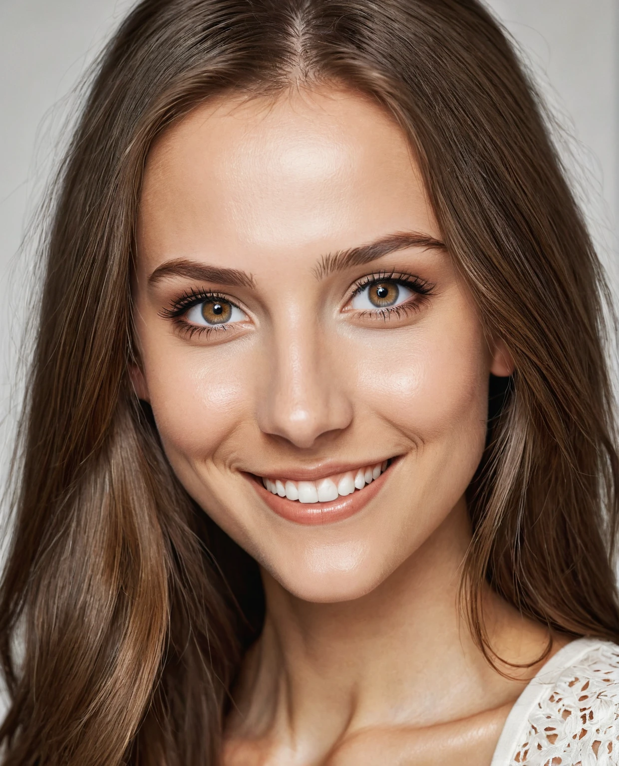 Beautiful woman from sweden, realistic eyes, realistic face, slim face, long brown hair, 20 years old, model, smiling