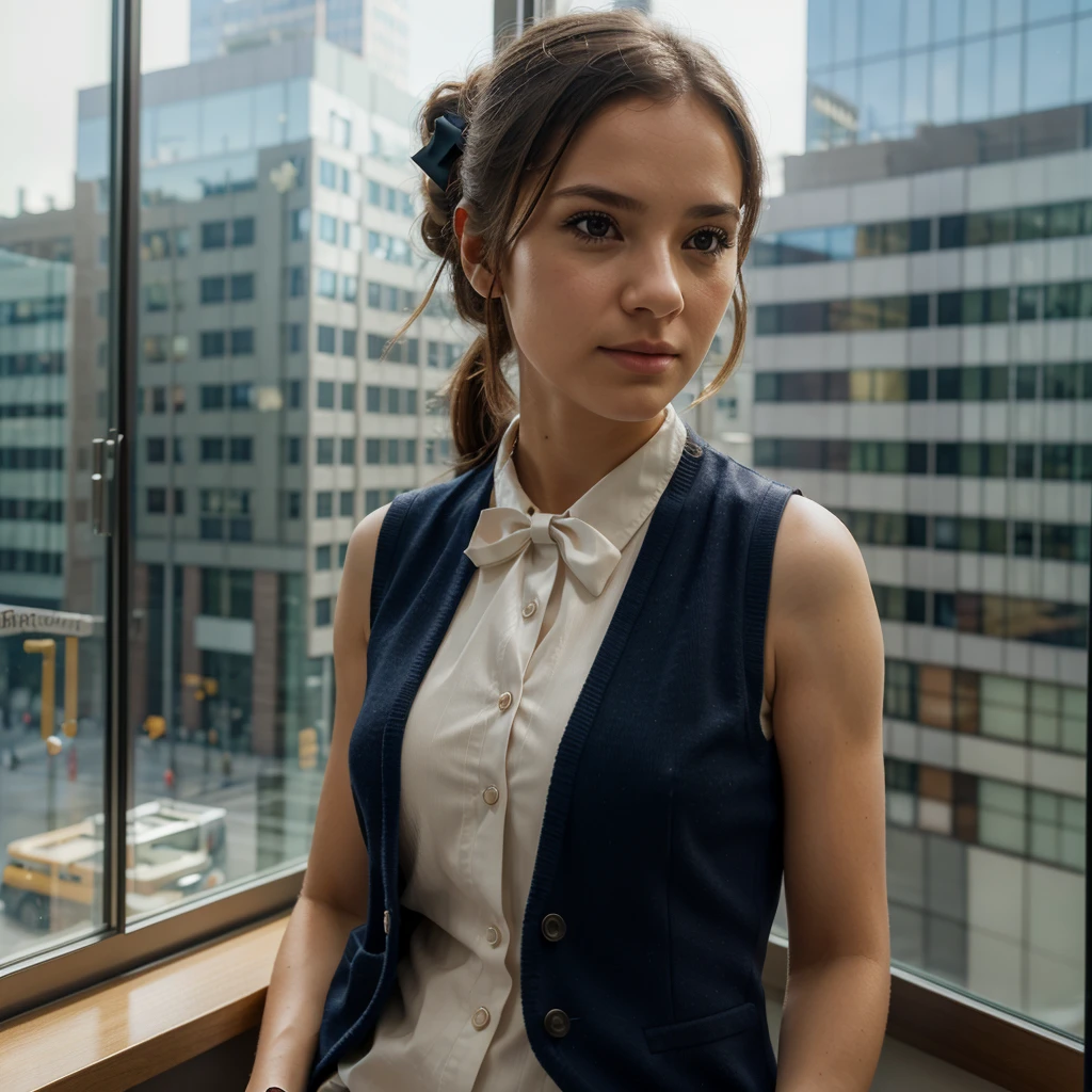 1girl, matured female, vest, bow, photo, realistic, best quality, hires, detailed face, office, buildings from window, detailed background, diffused sunlight, depth of field, bokeh