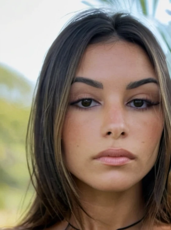 Texture de la peau, Sans maquillage, Super high res closeup portrait photo oF a stunning woman outdoors with straight hair, porter un petit tour de cou autour du cou,F /2.8, canon, 85mm,Cinématique, haute qualité,Regarder le spectateur,