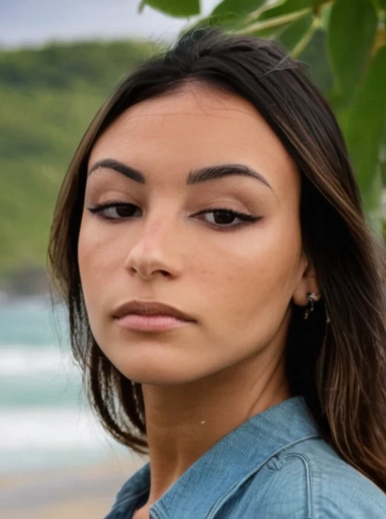 Texture de la peau, Sans maquillage, Super high res closeup portrait photo oF a stunning woman outdoors with straight hair, porter un petit tour de cou autour du cou,F /2.8, canon, 85mm,Cinématique, haute qualité,Regarder le spectateur,