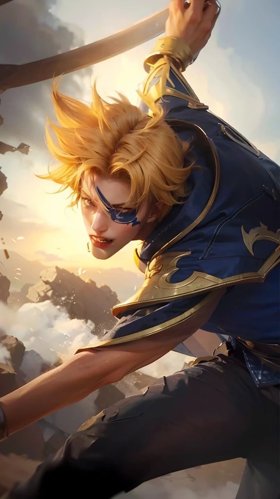 The image is a dynamic and dramatic scene from a video game, featuring a character with blonde hair, a blue jacket, and a sword.