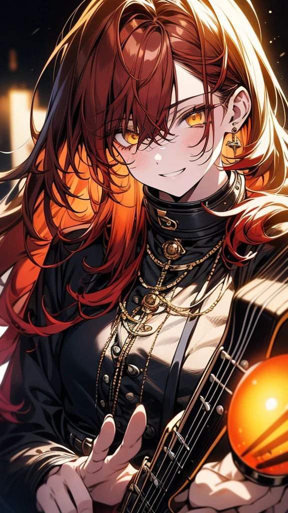 (Top resolution、Distinct_image)top-quality、(A girl) 、masterpiece、highly detailed, half body, Semi-realistic、 ( yellow eyes ) 、18year old,
( red hair ),(yellow inside) ,young , (orange inside), Facial features ,variation potrait, long hair , teenage, cool , cold sharp eyes, , {Very detailed 8k CG unit wallpaper}, students, ,music club background, Handsome,cool musician , punk rock