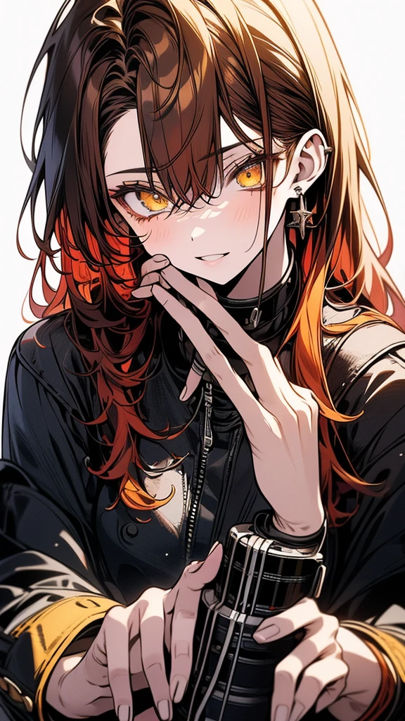 (Top resolution、Distinct_image)top-quality、(A girl) 、masterpiece、highly detailed, half body, Semi-realistic、 ( yellow eyes ) 、18year old,
( red hair ),(yellow inside) ,young , (orange inside), Facial features ,variation potrait, long hair , teenage, cool , cold sharp eyes, , {Very detailed 8k CG unit wallpaper}, students, ,music club background, Handsome,cool musician , punk rock