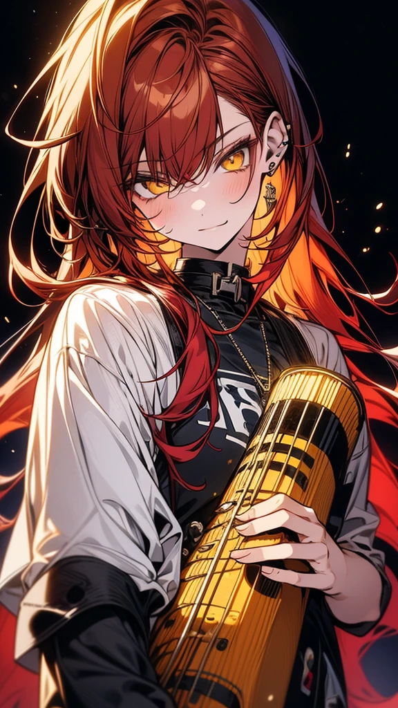 (Top resolution、Distinct_image)top-quality、(A girl) 、​masterpiece、highly detailed, half body, Semi-realistic、 ( yellow eyes ) 、18year old,
 ( red hair ),(yellow inside) ,young , (orange inside), Facial features ,variation potrait, long  hair  , teenage, cool , cold sharp eyes, , {Very detailed 8k CG unit wallpaper}, students,  ,music club background, Handsome,cool musician , punk rock 