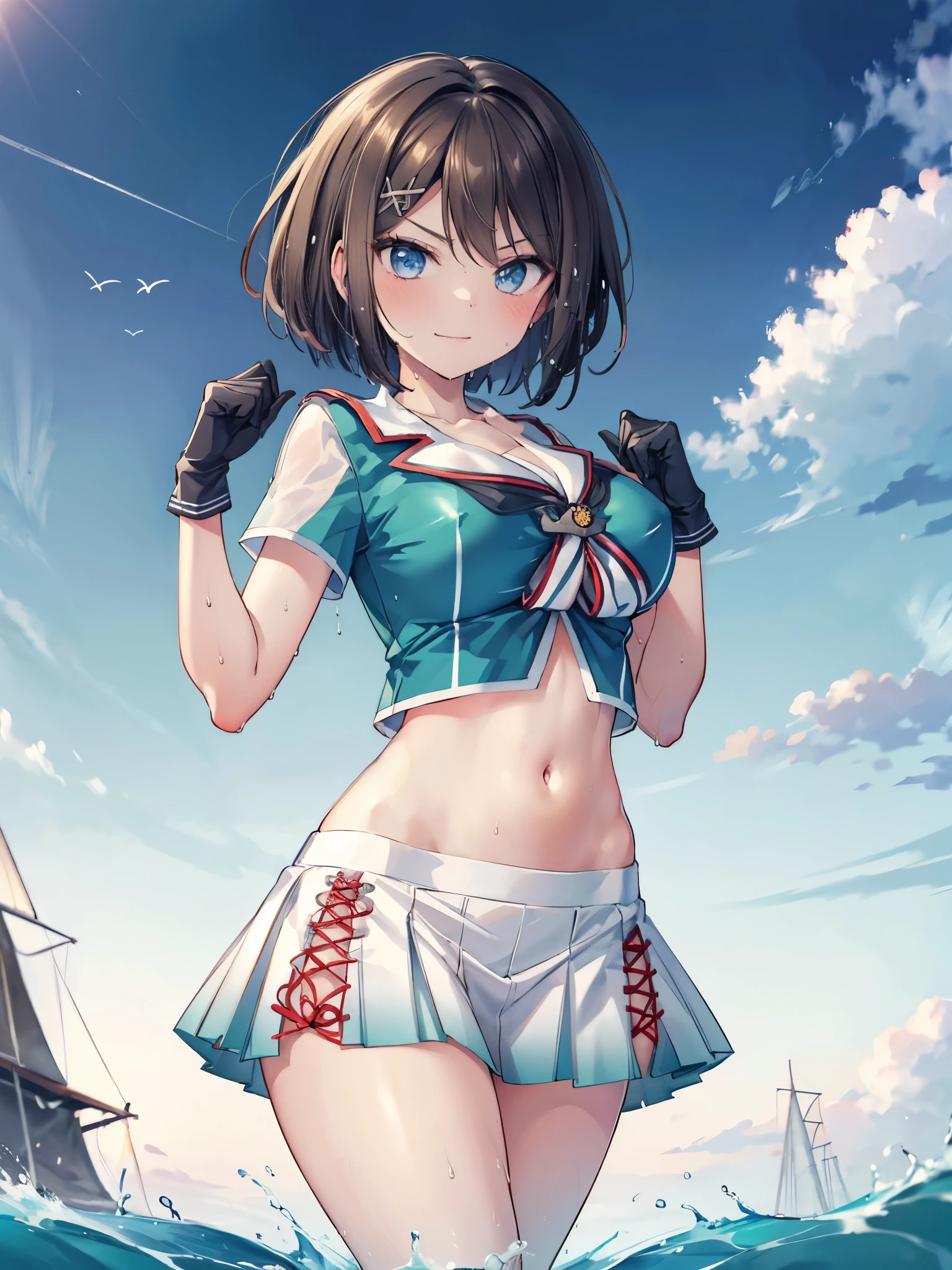 ung_teeirl, , brown_hair, medium_bob_hair, blue_midriff_baring_sailor_uniform, mini_skirt, short_sleeve, thighs, gigantic_breasts, angry, smile,nihil,standing, harbor_background, slightly_spread_Legs, happiness, short_gloves, wet,,covered_nipples, covered_crotch,Maya_flag,