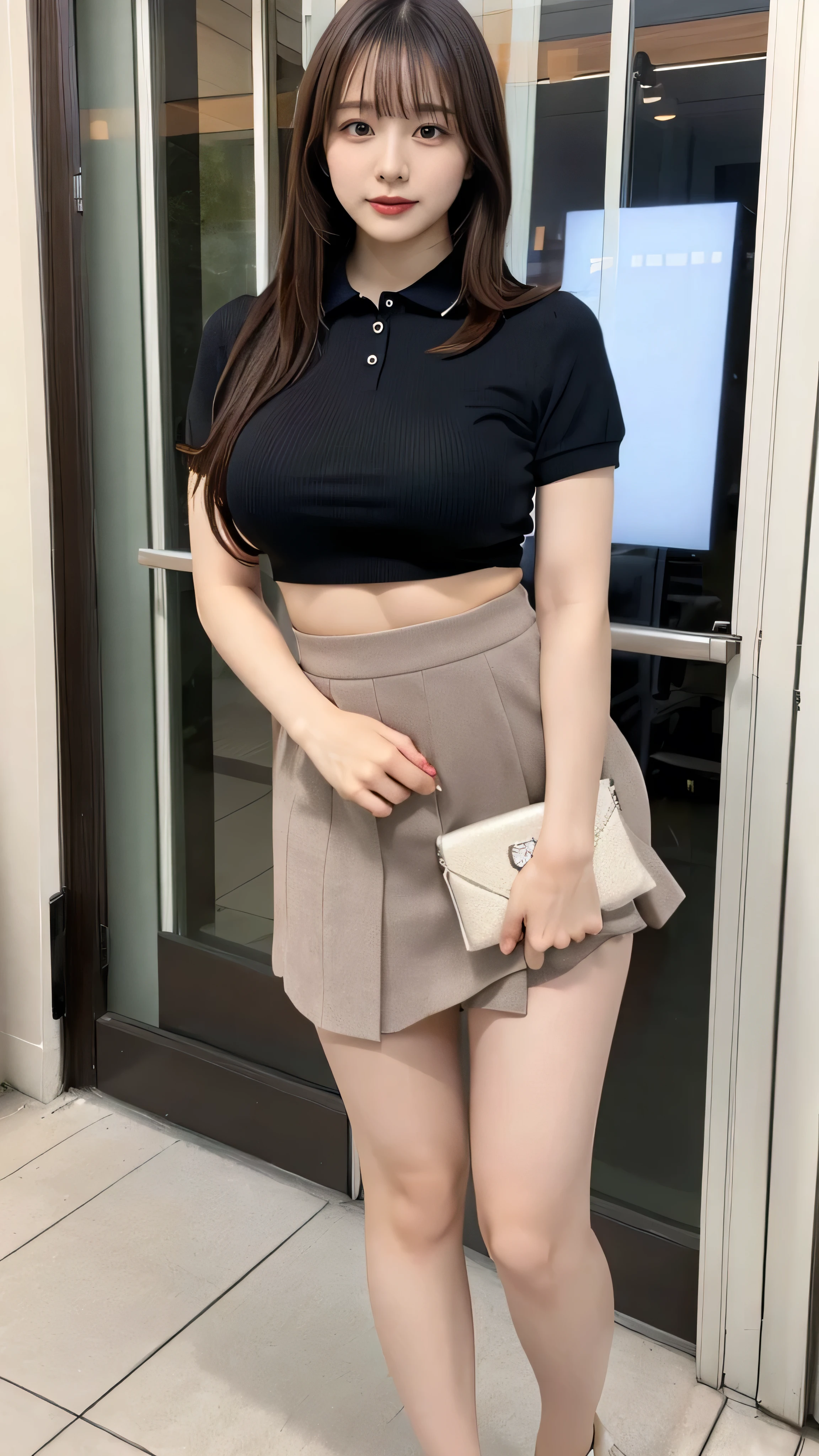 In town、Full body photo、Cute woman、Private Server、Polo shirt、Tight clothing、Tall、Well-built、Well-built、Big Breasts、Big Tits、Glamour、mini skirt、Thick thighs