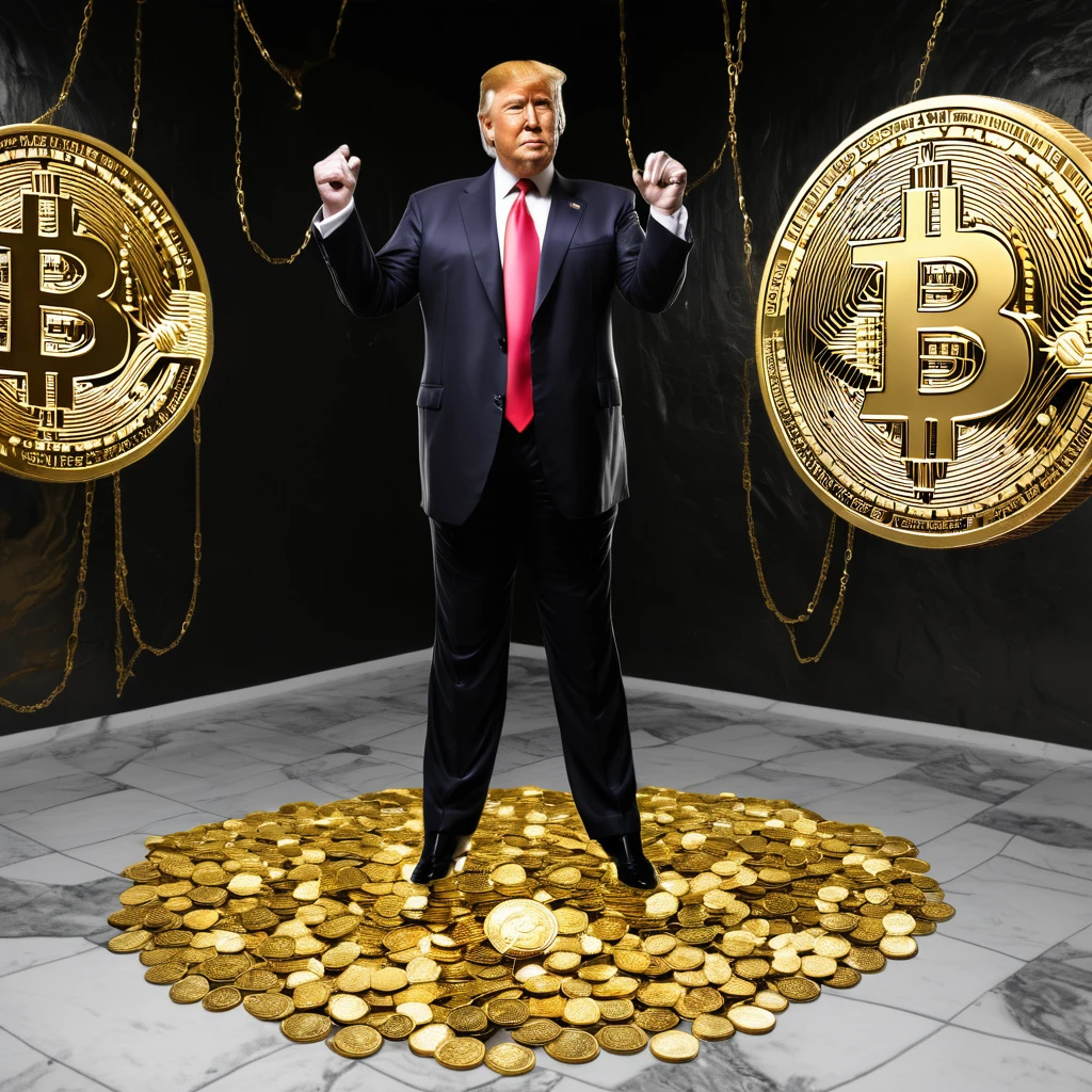 I want a stoic Donald Trump sculpture with black and white background. The image should focus on Donald Trump holding bitcoin coin . Must be a full body sculpture with walls or buildings in the background.. Hyper realistic wearing gold chain, several gold coins scattered on the floor.