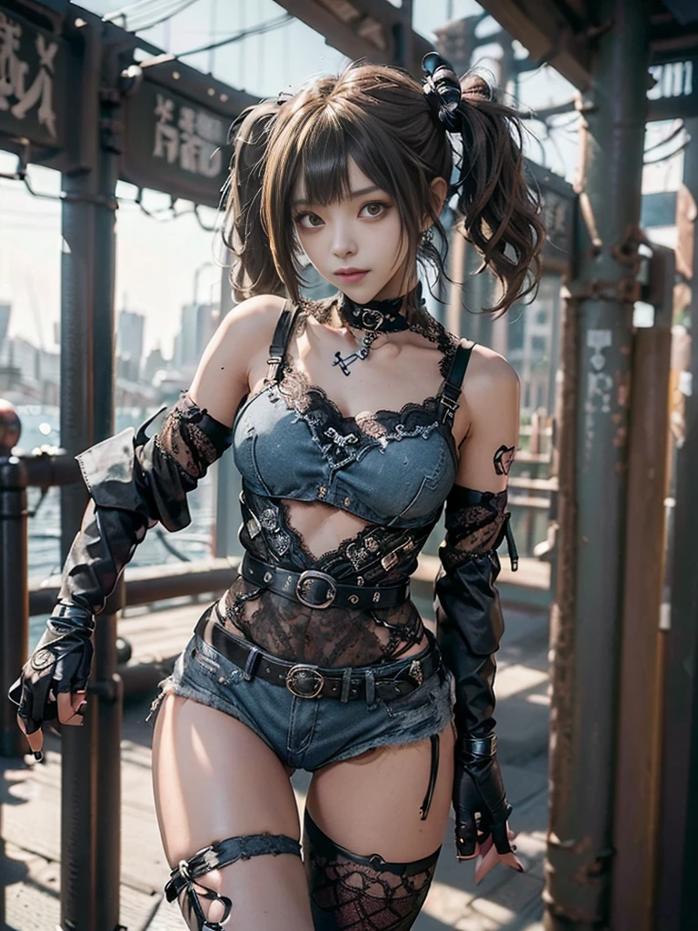 (Full Body View:1.3)、(Back view:1.1)、(Wearing a thong:1.4)、(Accentuate your butt:1.3)、(Smiling with teeth showing:1.3),(Shibuya Gal:1.5)、(Neo-goth style fashion:1.5)、(Punk RockVisual Kei:1.4)、(A high-leg bodysuit in a delicate design of denim, silver and black:1.5)、(Denim, black gloves and sailor shirt:1.5)、(Denim high heels:1.3)、(Wearing silver accessories:1.5)、(Denim collar:1.4)、(Black Leather Garter Belt:1.4)、(Brown Skin Belt:1.3)、(Black lace underwear:1.5)、20-year-old、NSFW、((Highest quality、In 8K、masterpiece:1.3))、Sharp focus:1.2、(Layered Cut、Huge boobs:1.1),Beautiful woman with perfect figure:1.4、(Dancing vigorously:1.3)、Slender Abs:1.2、Highly detailed face and skin texture、Detailed eyes、double eyelid,(Twin tails:1.3)、(Brown-golden hair:1.3)、Gravure idol、(The Caribbean cityscape in the background:1.3)、(Slim Body:1.3),(Make your legs thinner:1.4),（clavicle:1.1）