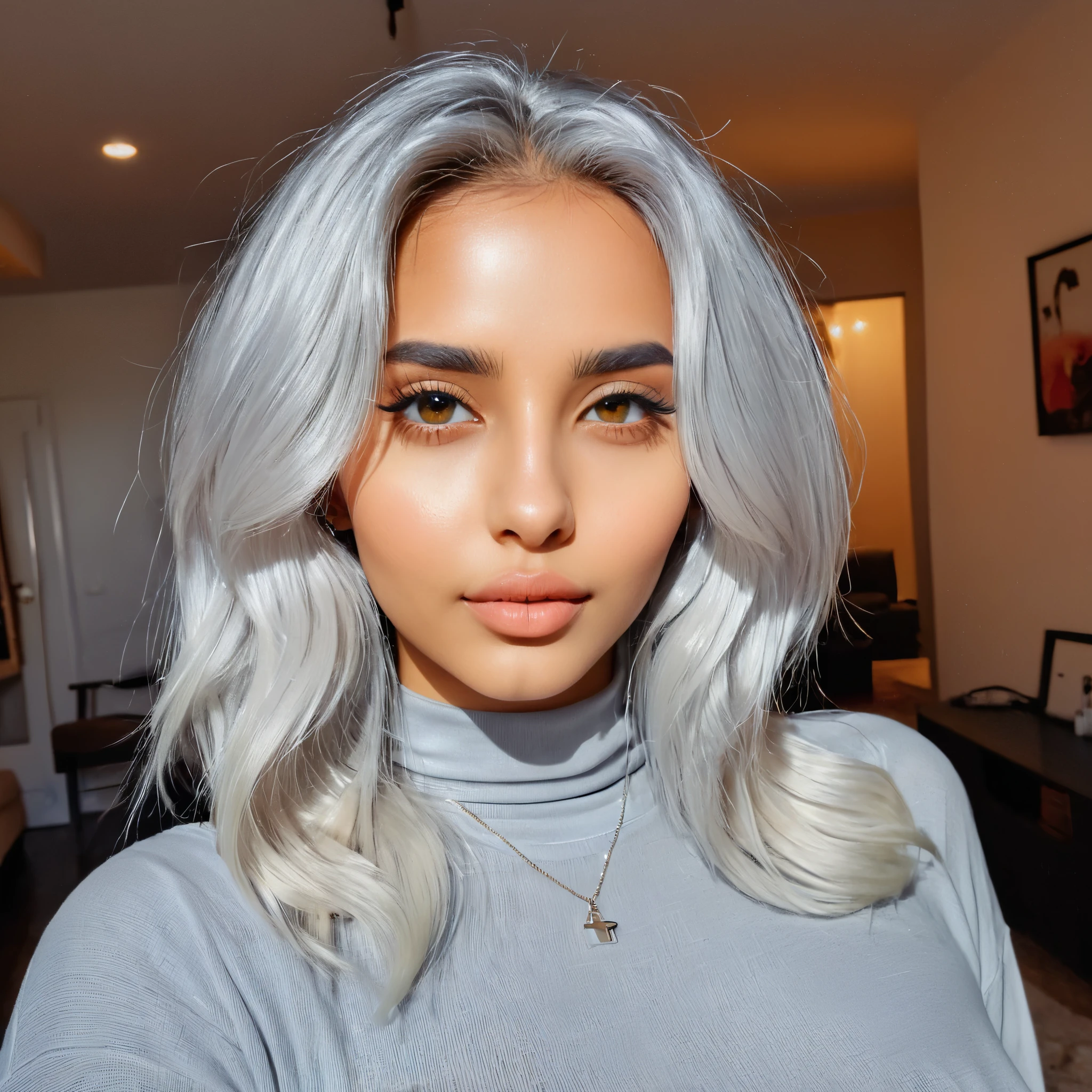 Full body image of a beautiful of a 20 year old Arabian exotic Instagram model, taken with iphone camera, medium shot selfie of a pretty young woman, (ombre:1.3) vibrant silver/white dyed hair bright, ambered-colored eyes, film grain, best quality, shoulder-length hair, featuring a beautiful light-colored silver white hair style, and she is wearing a gray top with a high neckline. Laying In the living room. Nice lips.