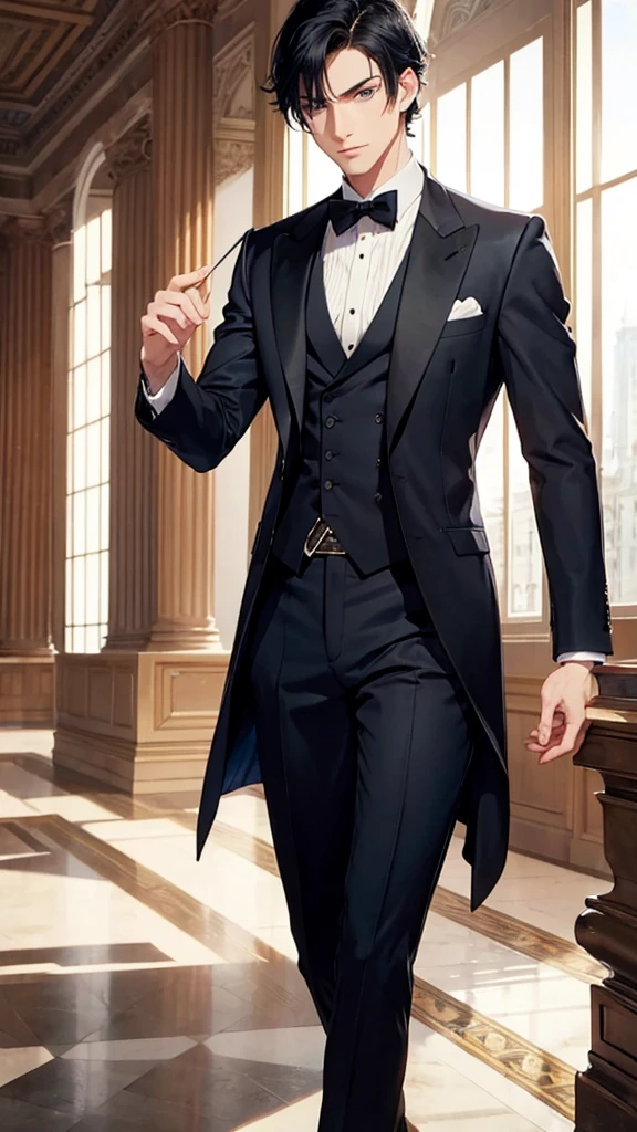 Man with loose and short black hair, blue eyes, sharp jaw, elegant in royal duke clothes.