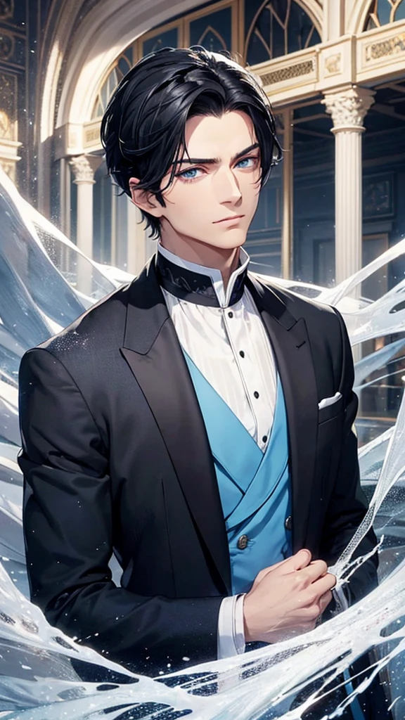 Man with loose and short black hair, blue eyes, sharp jaw, elegant in royal duke clothes. 