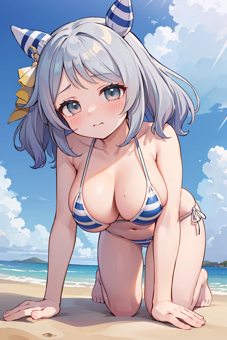 (((Big Tits,巨大なchest)))Object Helium | Uma Musume: Pretty Derby,Browsing Caution,1 girl,,,chest,尖ったchest,chestの谷間,Underbust,Side Bust Barbosa,(blush),((Embarrassing)),Spread and masturbate(((White and light blue striped bikini)))round 1(((chestを持ち上げる)))((View from below、View from below)),((((巨大なchest)))),Beach,On all fours