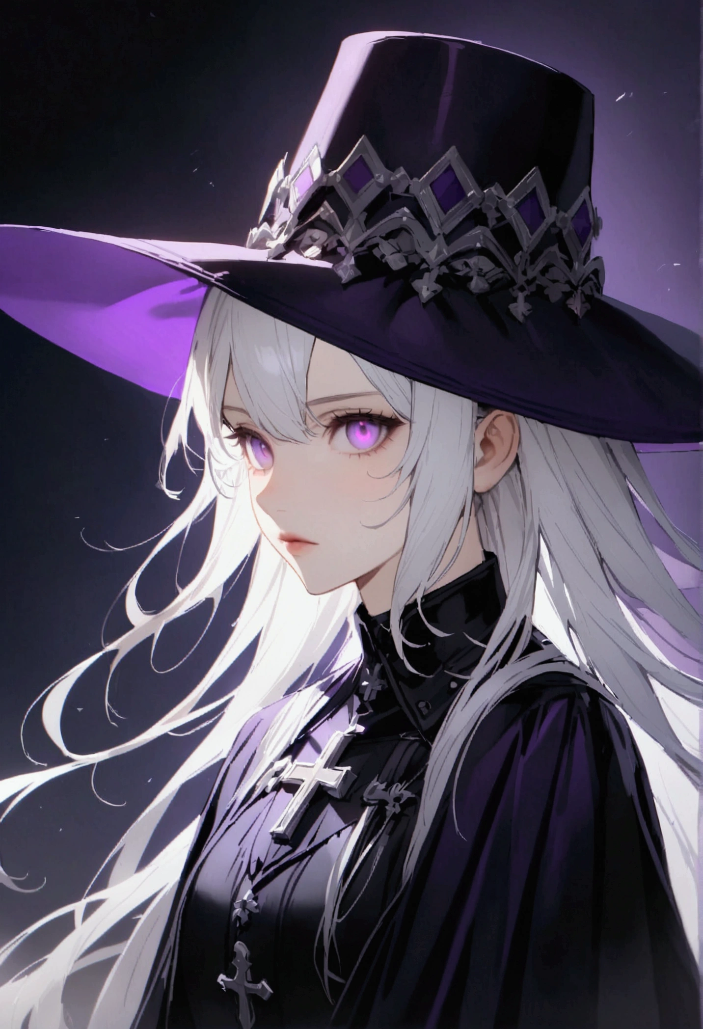 A thin white woman, with long silvery white hair, purples eyes, black outfit with silver cross details, black and purple cover, hat with long brim black and purple
