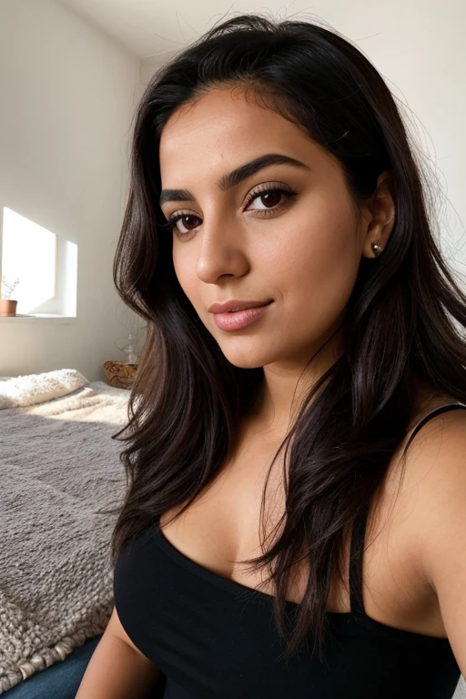 photo instagram, femme algerienne de 28 ans, Cheveux long, cheveux noirs, portrait en gros plan, sous vetemens allonger sur le lit 