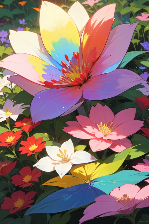 Create a very fabulous, beautiful, beautiful flower growing in a flower bed. The stem is very tall, large multi-colored petals, the petals are illuminated by the sun, the petals shimmer with different colors of the rainbow.