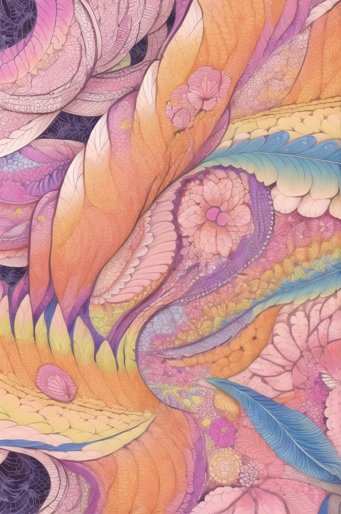 (1girl, solo, from side), extremely detailed, (abstract background, zentangle, fractal art:1.3), (many colors, colorful:1.1), (feathers, petals, flowers:1.3), dynamic pose, earrings 