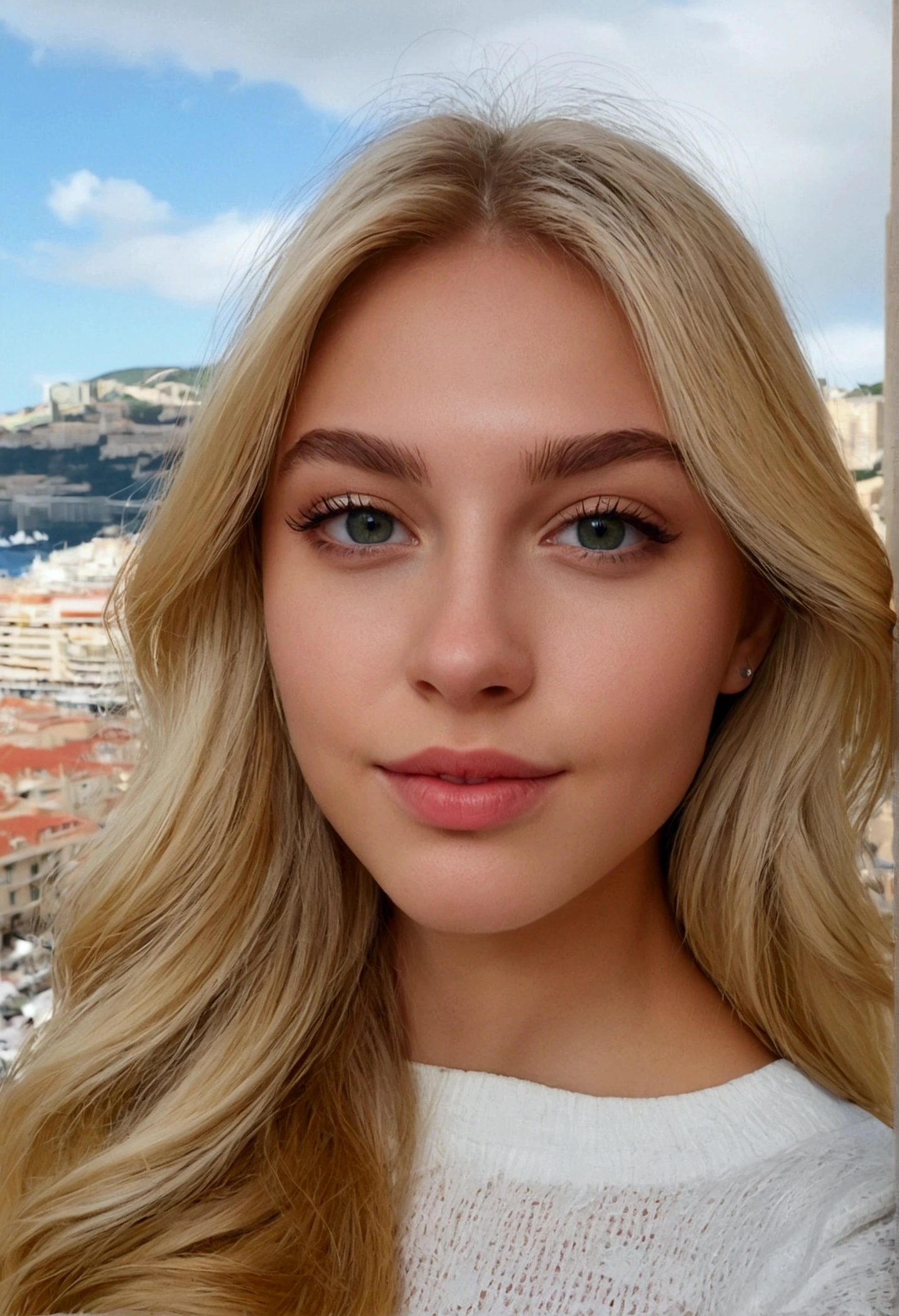 une belle fille blonde de 25 ans aux yeux verts, Longs cheveux blonds, photo dans la ville de Monaco, sitting on her allumé, prendre une jolie photo de selfie, proportion parfaite du corps, porter un outfit, traits du visage détaillés, Une peau impeccable, éclairage naturel, tons chauds, 1fille, Visage détaillé, chef-d&#39;œuvre, Yeux détaillés, Lèvres détaillées, belle peau, éclairage naturel, couleurs chaudes, alluméroom, allumé, iPhone, photo de selfie,