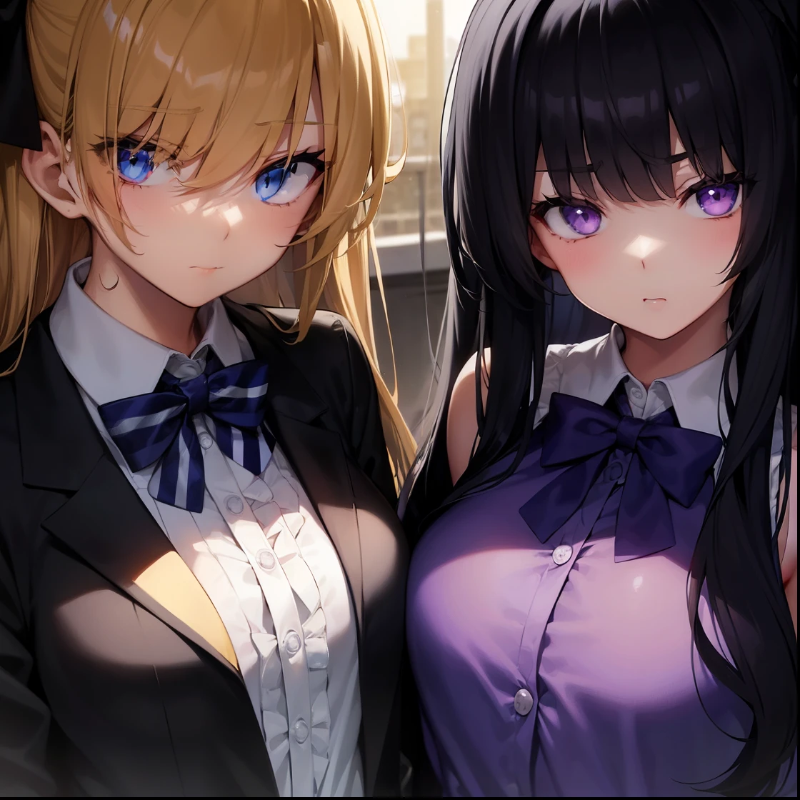 Cinematic lighting、(key light:Front diagonal 45 degrees, fill light、Backlight、shadow、blue and orange color palette), accurate human body、detailed person、Correct five-finger、RAW photo、 4K - ultra-vivid、highest quality, masterpiece, 超High resolution, (reality: 1.4),
(((oil skin,sparkling skin、realistic skin texture、detailed beautiful skin、shiny skin、shiny skin)))、
upper body shot, camera angle is low, Depth of the bounds written, Focus on the center, fine eyes, perfect face and eyes、
(3 girls:1.8)、standing with legs apart、 1 cute girl, highest quality、ウルトラ - High resolution、High resolution、Detailed CG、8k unit wallpaper、20-year-old、美しくてfine eyes,platinum blonde hair、random hairstyle、(((black and purple super shiny latex panties)))、((( black skin , Shirt with tie , cropped shirt , pleated skirt , cleavage ,oil skin)))、(shiny body,:1.5)、 please be shy、(Ahegao:1.5)、(Stick out your tongue and drool)、full of embarrassment、sexy pose、((vapor))、many hearts、(((big breasts)))、(((exclamation mark, moan, many hearts,spoken heart, comic strip, moving line, motion blur, tremble violently, lots of heart speech bubbles)))、(((On the bed in a love hotel)))