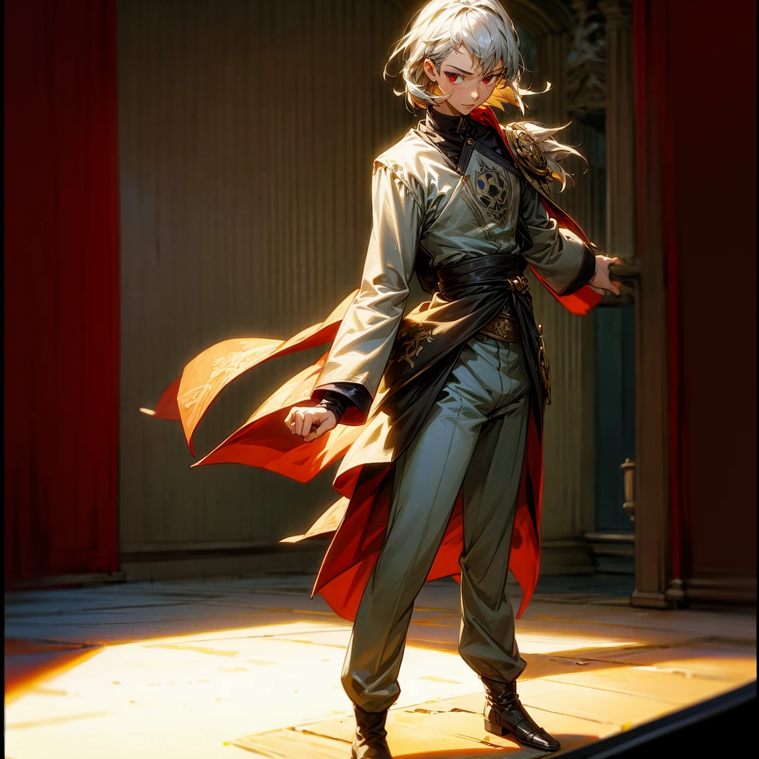 1boy, Full body version, 1character, red eyes, long haircut, silver colour hair, Ancient Roman clothing, Grassroots, background indoor Castleford, motion blur, lighting, (one piece art), standing gesture, boots, long pants, armors 