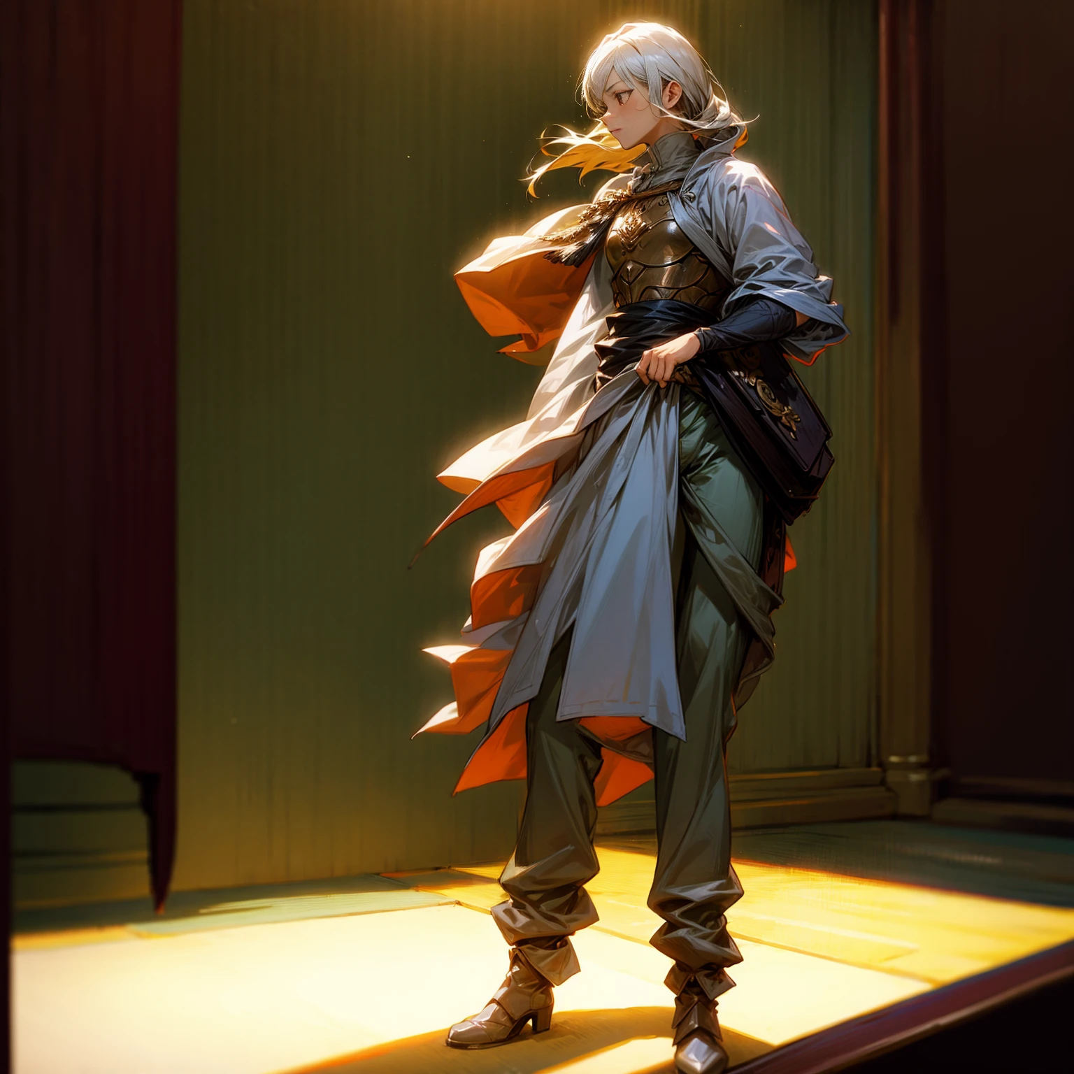1boy, Full body version, 1character, red eyes, long haircut, silver colour hair, Ancient Roman clothing, Grassroots, background indoor Castleford, motion blur, lighting, (one piece art), standing gesture, boots, long pants, armors