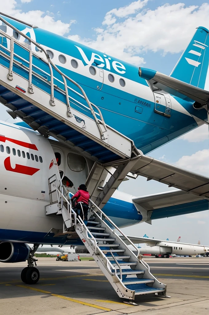 a person climbing the stairs of the plane. The name of the plane should be Veshi Airlines