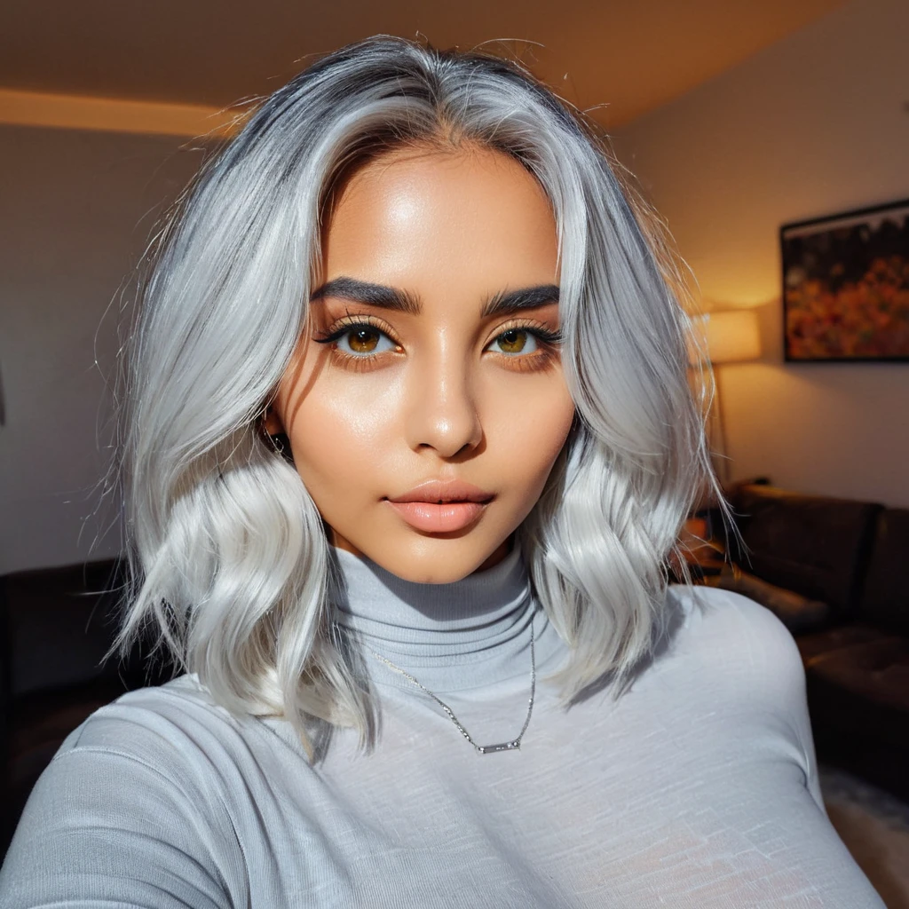 Full body image of a beautiful of a 20 year old Arabian exotic Instagram model, taken with iphone camera, medium shot selfie of a pretty young woman, (ombre:1.3) vibrant silver/white dyed hair bright, ambered-colored eyes, film grain, best quality, shoulder-length hair, featuring a beautiful light-colored silver white hair style, and she is wearing a gray top with a high neckline. Laying In the living room. Nice lips.
