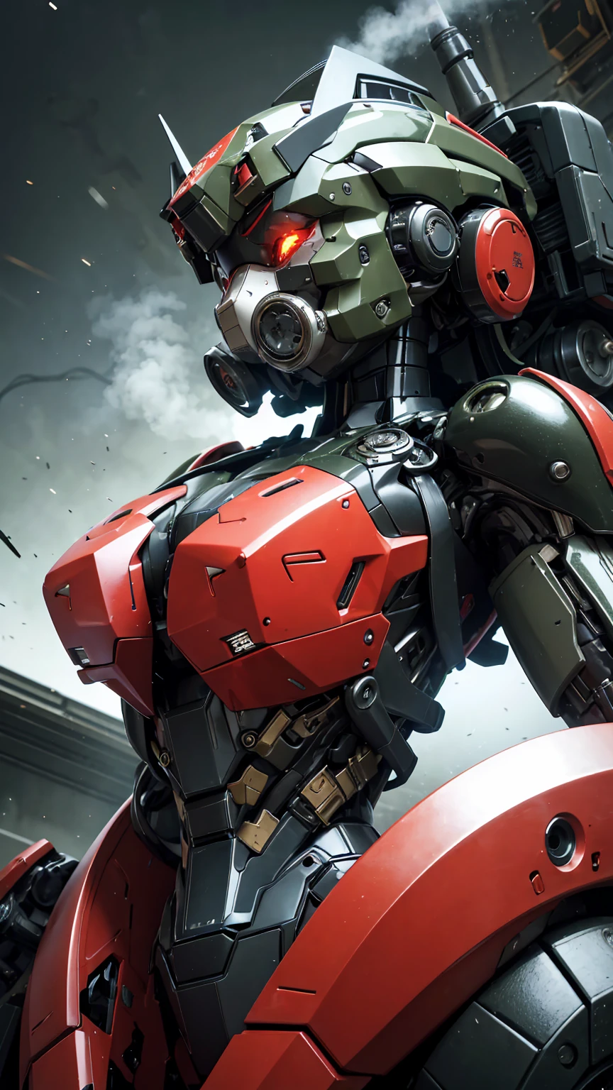 最high quality非常に詳細, Advanced Details, high quality, 最high quality, High resolution, 1080P, hard disk, beautiful,(War Machine),(Snug-fitting headgear),See the big picture,beautifulサイボーグ女性,Dark Green Mecha Cyborg Girl,BATTLE MODE,Mecha Body Girl 8k red body armor Sweaty face Droopy eyes short hair Gas mask with extension nozzle boyish Steam coming out of my head My hair is wet with sweat Black Hair, Steam coming out of the mouth Lying in bed The skin under the face is not exposed smile