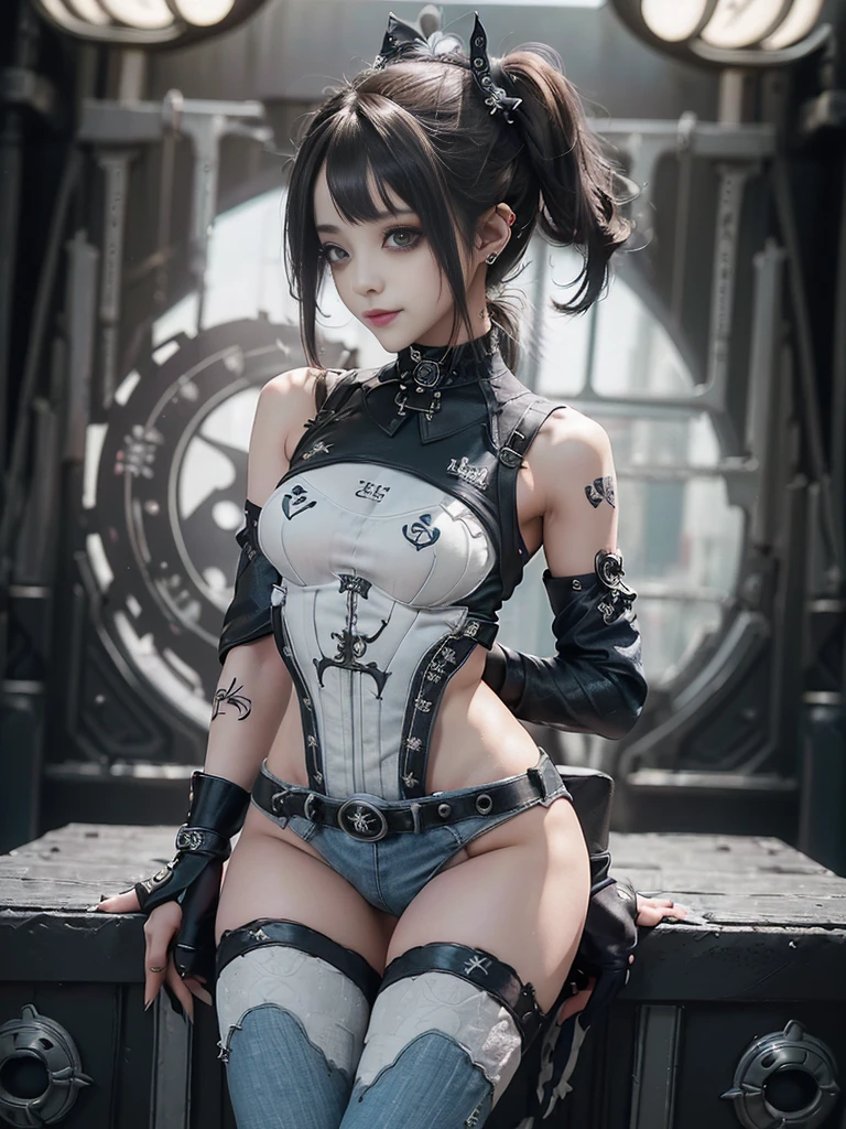 (Full body view:1.2)、(Side view:1.3)、(Smiling with teeth showing:1.3),(Shibuya Gal:1.5)、(Gothic ta style fashion:1.5)、(Punk RockVisual Kei:1.5)、(Wearing a rhythmic gymnastics bodysuit with intricate details:1.4)、(Racing suit and pants with delicate decorations in white, denim and charcoal:1.5)、(Denim and light blue and white boots:1.3)、((belt))、(Numerous delicate logo marks all over the costume:1.4)、(collar:1.3)、(Striped underwear:1.5)、20-year-old、NSFW、((Highest quality、In 8K、masterpiece:1.3))、Sharp focus:1.2、(Layered Cut、Huge boobs:1.1),Beautiful woman with perfect figure:1.4、(Dancing vigorously:1.3)、Slender Abs:1.2、Highly detailed face and skin texture、Detailed eyes、double eyelid,(Twin tails:1.3)、(Brown Hair:1.3)、Gravure idol、(The background is the stage of the fashion show:1.3)、(Slim Body:1.3),(Make your legs thinner:1.4),(clavicle:1.1)、(Thin and slim thighs:1.4)