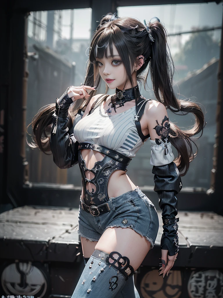 (Full body view:1.2)、(Side view:1.3)、(Smiling with teeth showing:1.3),(Shibuya Gal:1.5)、(Gothic Lolita style fashion:1.5)、(Punk RockVisual Kei:1.5)、(Wearing a rhythmic gymnastics bodysuit with intricate details:1.4)、(Racing suit and pants with delicate decorations in white, denim and charcoal:1.5)、(Denim and light blue and white boots:1.3)、((belt))、(Numerous delicate logo marks all over the costume:1.4)、(collar:1.3)、(Striped underwear:1.5)、20-year-old、NSFW、((Highest quality、In 8K、masterpiece:1.3))、Sharp focus:1.2、(Layered Cut、Huge boobs:1.1),Beautiful woman with perfect figure:1.4、(Dancing vigorously:1.3)、Slender Abs:1.2、Highly detailed face and skin texture、Detailed eyes、double eyelid,(Twin tails:1.3)、(Brown Hair:1.3)、Gravure idol、(The background is the stage of the fashion show:1.3)、(Slim Body:1.3),(Make your legs thinner:1.4),(clavicle:1.1)、(Thin and slim thighs:1.4)