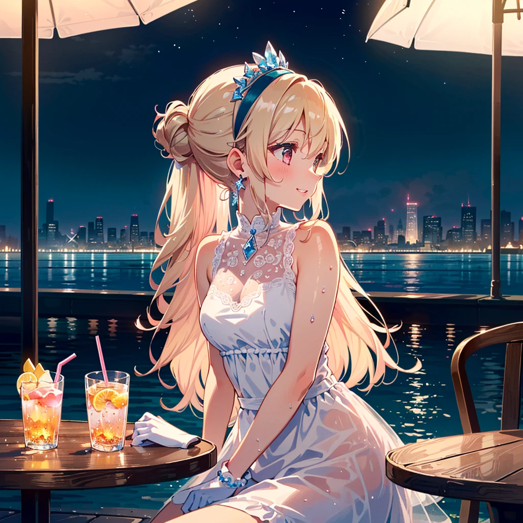 Masterpiece, Top Quality, Highly Detailed, Illustrations, 8K CG Wallpaper, Stunning Art, Absurd,
(5 beautifully detailed fingers), (2 legs),
(super detailed face),
((Cowboy shot: 1.4)), ((Side view: 1.2)),
(upper body: 1.2),
((only 2 girls: 1.5)), ((couple)),
((7 years old)),
Parted lips, (red nose), (pink lips), ((drunk)),
(wet skin),
(Blonde, black hair: 1.2), ((chignon hair: 1.2)),
((happy)), (smile: 1.2),
break,
(When sitting across the table: 1.2, When sitting across from each other: 1.4)
(Two girls are drinking soda from the same glass with straws: 1.4),
(White, pastel pink, crystal color palette: 1.3),
break,
(Pastel pink tulle dress with crystal beads: 1.4), (White lace gloves: 1.2), (Candle-shaped earrings: 1.1), (Crystal headband: 1.2),
jewelry, tiara,
break,
((luxury poolside)), (night: 1.2),