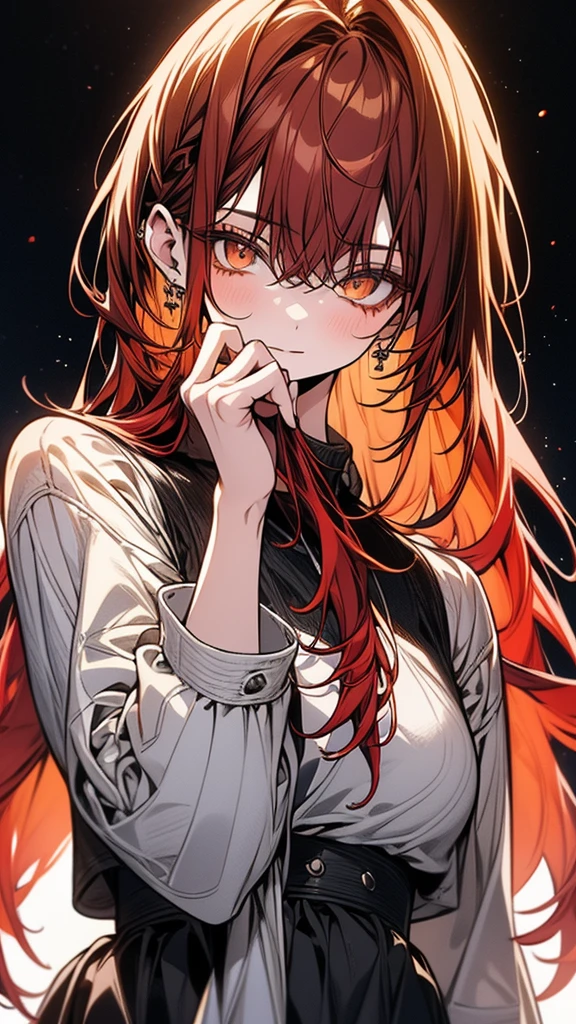 (Top resolution、Distinct_image)top-quality、(A girl) 、masterpiece、highly detailed, half body, Semi-realistic、 ( grey eyes ) 、18year old,
( red hair ),(yellow inside) ,young , (orange inside), Facial features ,variation potrait, long hair , age, cool , cold sharp eyes, , {Very detailed 8k CG unit wallpaper}, students, ,music club background, students