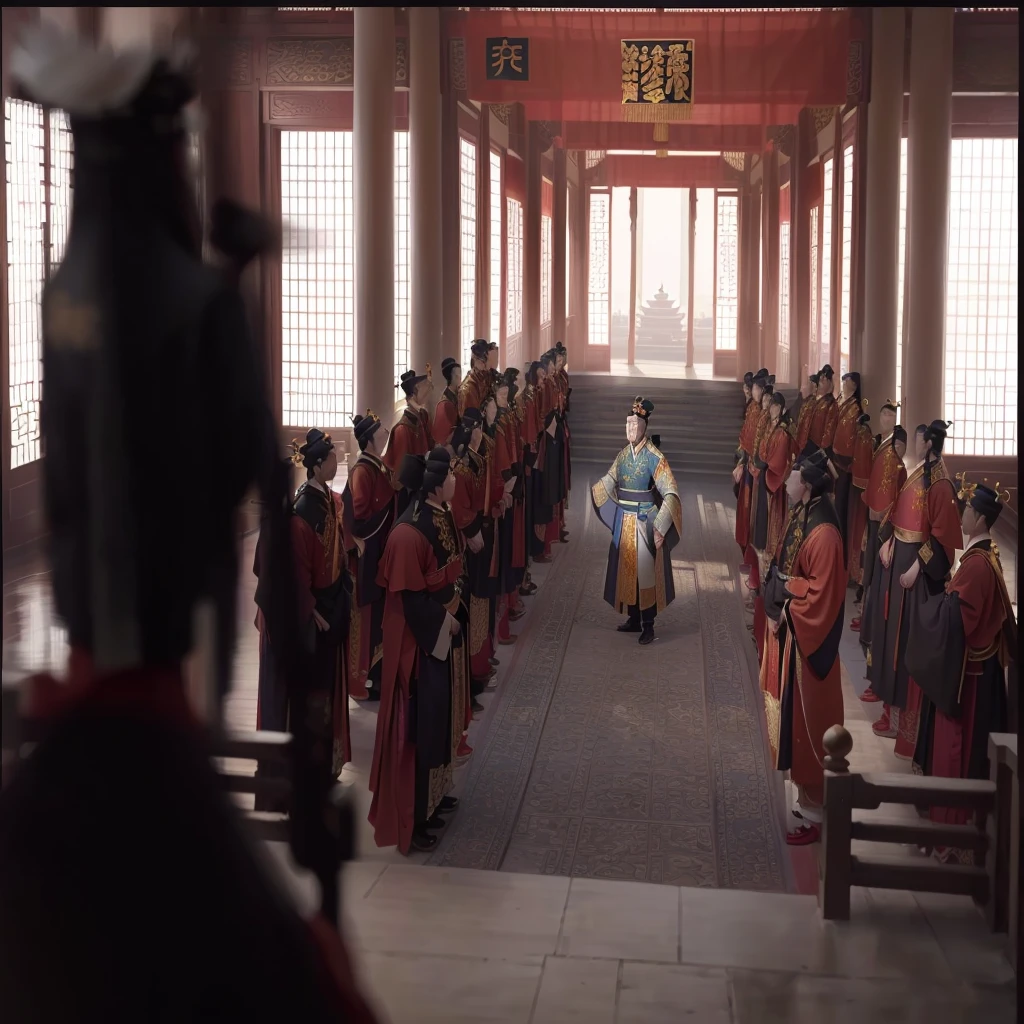 best quality, masterpiece, realistic, The Chinese Emperor stands with his back to the audience, facing a magnificent palace with the elegant architectural style of imperial China. Below are mandarins dressed in hanfu, lined up on both sides. The architectural details of the palace must convey a sense of antiquity and grandeur, with curved roofs and intricate layers