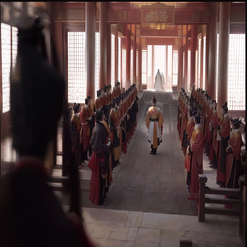 best quality, masterpiece, realistic, The Chinese Emperor stands with his back to the audience, facing a magnificent palace with the elegant architectural style of imperial China. Below are mandarins dressed in hanfu, lined up on both sides. The architectural details of the palace must convey a sense of antiquity and grandeur, with curved roofs and intricate layers