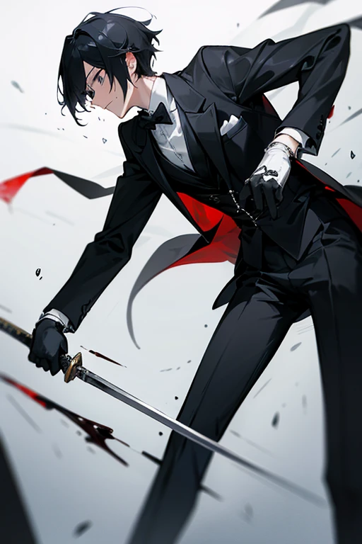 male、male性、大柄のmale、Slender、stylish、simple、Smart Movement、grace、perfection、beautiful、Butler、Tuxedo、gloves、battle、Hunting Cutlery、Wield a knife、kill、blood droplets、disposal
