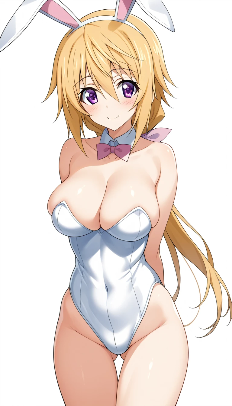 score_9, score_8_up, score_7_up, 1girl, solo, infinite stratos, charlotte dunois, purple eyes, tareme, eyelashes, blonde hair, long hair, ponytail, low ponytail, hair between eyes, hair bow, pink bow, hair ribbon, large breasts, playboy bunny, rabbit ears, fake animal ears, detached collar, bare shoulders, bare arms, collarbone, leotard, latex leotard, covered navel, bare legs, skindentation, skindentation, skin tight, cleavage, ass visible through thighs, thigh gap, cowboy shot, arms behind back, looking at viewer, blush, smile, closed mouth, simple background, white background