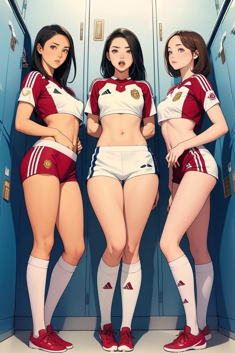 Group of girls, in locker room, Soccer uniform, fullbody shot, undressing, pulling shorts pulled down around knees, scared faces