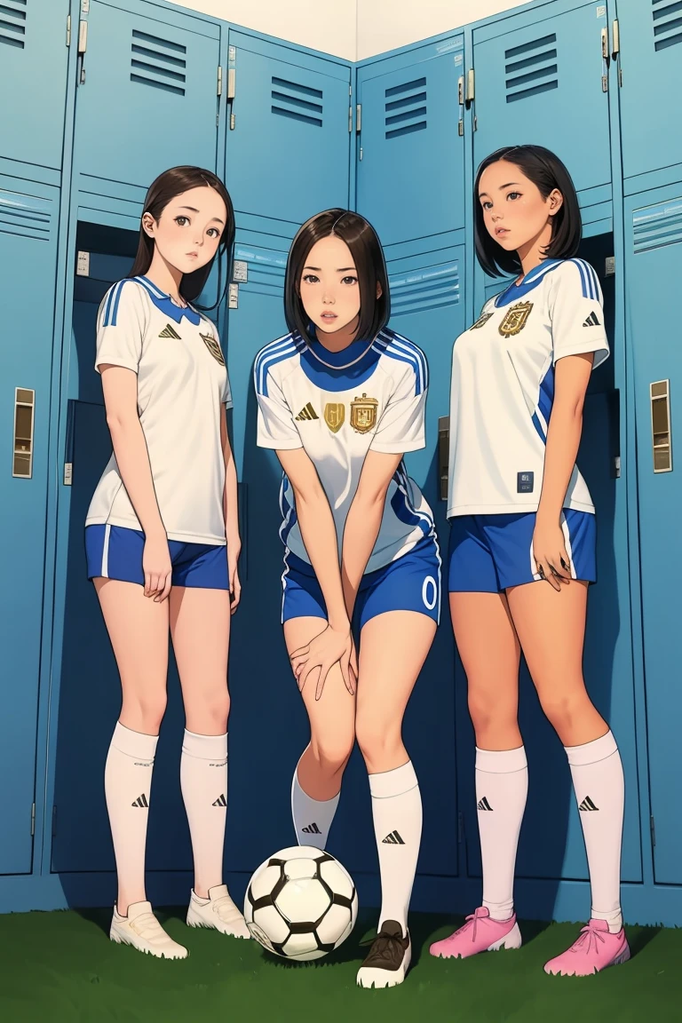 Group of girls, in locker room, Soccer uniform, fullbody shot, undressing, pulling shorts pulled down around knees, scared faces